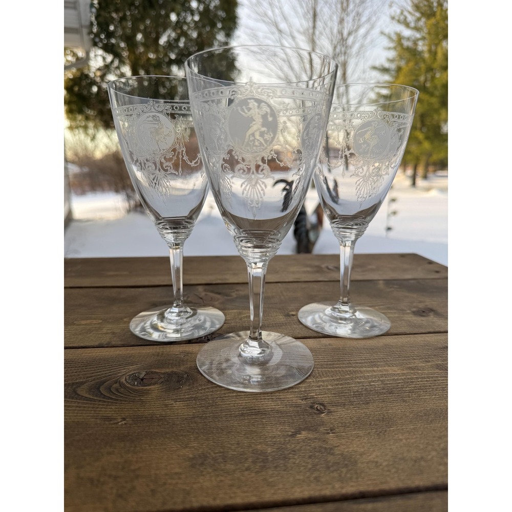 Heisey Pied Piper Etched Water Goblets 7 1/8" – Set of 3 Vintage Excellent